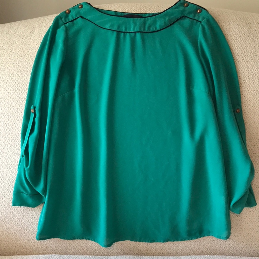 Elegant teal solid blouse with button up sleeves